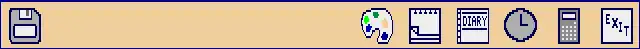 Screenshot of the icon bar under Arthur showing the following: Left portion, from left – Discs (in this case a single floppy disc), Right portion, from right – Exit, Calc, Alarm, Diary, Edit, Paint