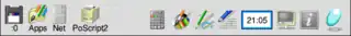 Screenshot of the icon bar under RISC OS 5 showing the following: Left portion, from left – Discs (in this case a single USB flash drive via SCSIFS), Apps folder (Resources:$.Apps), OmniClient (Network Filer), Printers, Right portion, from right – Task Manager, Help, Display Manager, Alarm, Edit, Draw, Paint, SciCalc
