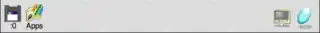 Screenshot of the icon bar under RISC OS 5 showing the following: Left portion, from left – Discs (in this case a single USB flash drive via SCSIFS), Apps folder (Resources:$.Apps), Right portion, from right – Task Manager, Display Manager