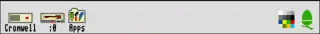 Screenshot of the icon bar under RISC OS 3 showing the following: Left portion, from left – Discs (in this case a hard disc and floppy disc), Apps folder (Resources:$.Apps), Right portion, from right – Task Manager, Display Manager